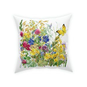 Spring Flowers Pillow - Wildflowers, Butterfly Pillow, Floral Home Décor 18x18"